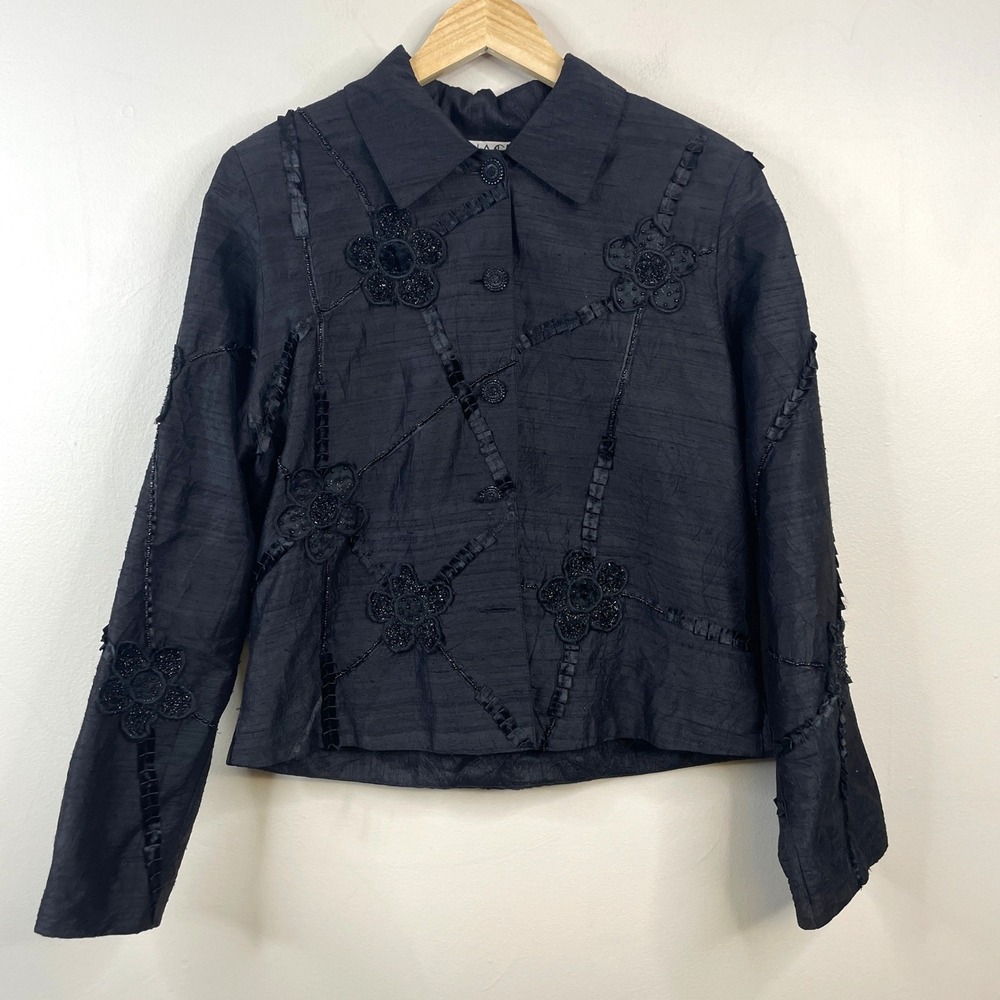 Vintage Anage Art To Wear Silk Jacket Womens Medium Beaded Indie Party Button Up